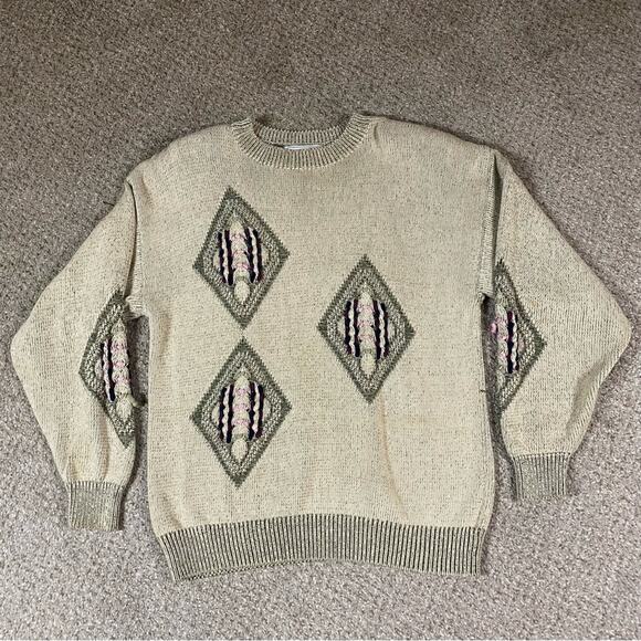 VTG Izod Sweater Womens L* Knit Retro Diamond Textured Golf Tennis Chunky - Picture 1 of 4